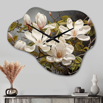 White Green Magnolias Magnolia Serenity - Asymmetric Metal Wall Clock